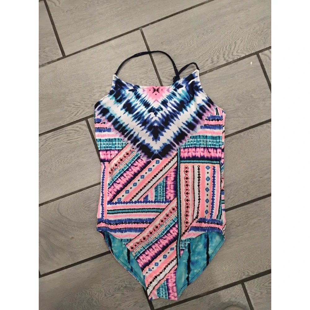 Justice Girls Reversible‎ One Piece Swimsuit Tie Dye Tribal Blue Pink Size 12
